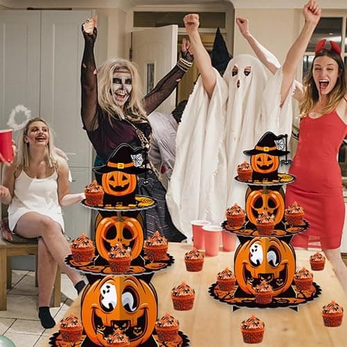 3 Tier Halloween Cupcake Stand - Cardboard Pumpkin Dessert Display Holder | Cupcake Tower for Spooky Party Table, Haunted House Treats, Trick-or-Treat Setup, and Halloween Decorations thumbnail 4