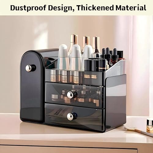 RONGZHIERK Makeup Organizer for Vanity with Covered Brush Holder，Bathroom Organizers with Drawer，Skin Care Organizer，Makeup Organizers for Vanity with Drawer，Large Makeup Storage for Dresser, Black thumbnail 6