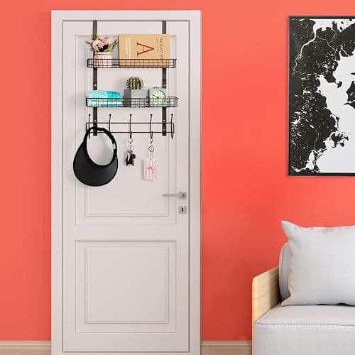 OYEAL Türgarderobe mit 5 Haken, 2 Körben, Stahl, stabil, langlebig, Garderobenleiste, Handtuchhaken, Hänge-Organizer, Regale für Zuhause, Schlafzimmer, Badezimmer, Küche, Braun thumbnail 8
