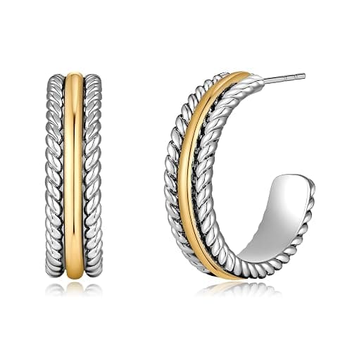 VEDAIM Gold and Silver Mixed Metal Earring Two Tone Studs Earrings for Women Chunky C Hoop Earrings Fashion Jewelry - Image 1