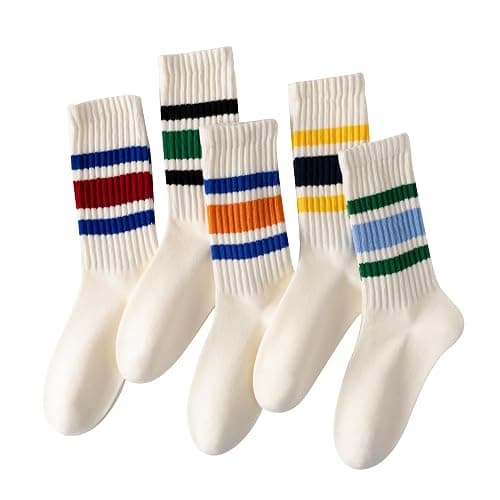 DarkCom Striped Crew Socks 5 Pairs Seamless Toe for Men and Women, Color of Light Cream, Casual Comfort - Image 1