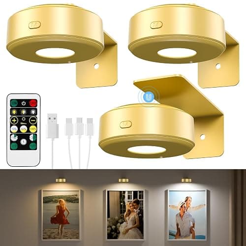 3PCS Picture Lights, Rechargeable Battery Wall Light for Paintings, 3 Colors Paintings Light Dimmable and Timer Metal Art Light for Display, Wall, Artwork, Gallery (Gold) - Image 1