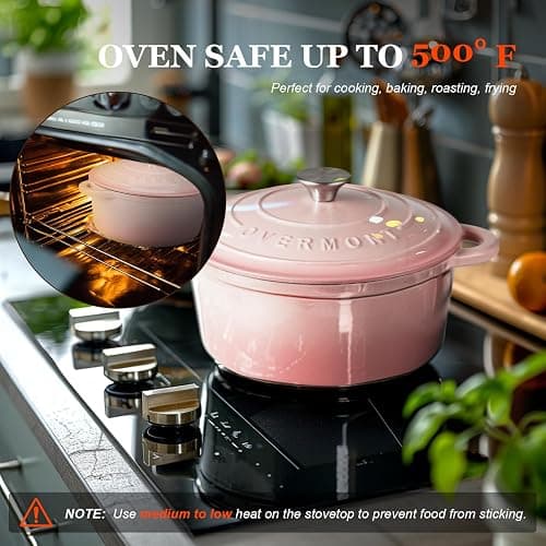 Overmont Bräter emaille Gusseisen Topf - Schmortopf 26cm backofengeeignet - mit Deckel und Kochbuch - für Küche Backen Schmoren Braten Rosa thumbnail 4