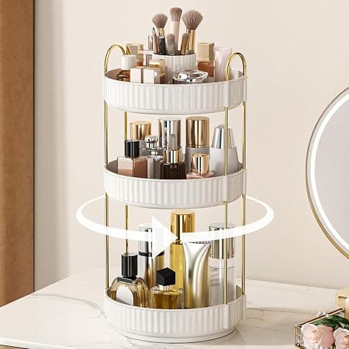 360° Rotating Makeup Organizer, Upgraded 3 Tier Skincare Perfume Organizers for Women, Bathroom Organizer Countertop, Clear Cosmetic Dresser Organizer with Makeup Brush Holder, Sink&Counter(White) - Image 1