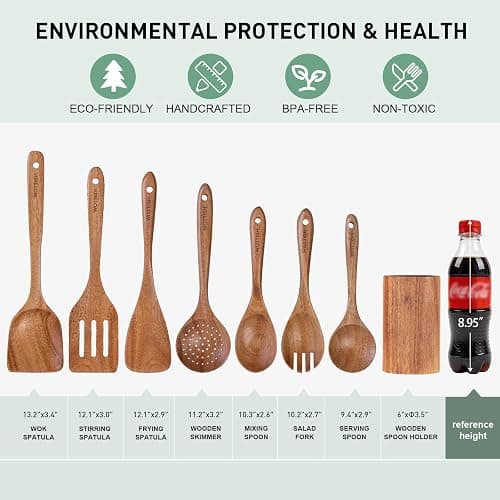 Wooden Spoons for Cooking - 8-Piece Wooden Kitchen Utensil Set made of Natural Solid Wood Material-Includes Spoons,Spatulas,Ladles,Mixing Spoon and Utensil Holder,Valentine's Day Gifts thumbnail 7