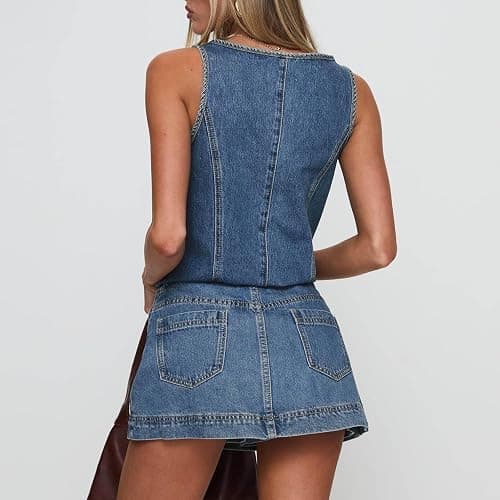 Cjfdfy Women’s Tie Front Denim Jean Vest Top and Mini Skirt 2-Piece Set Summer Trendy Going Out Outfits Clothes 2025 thumbnail 5