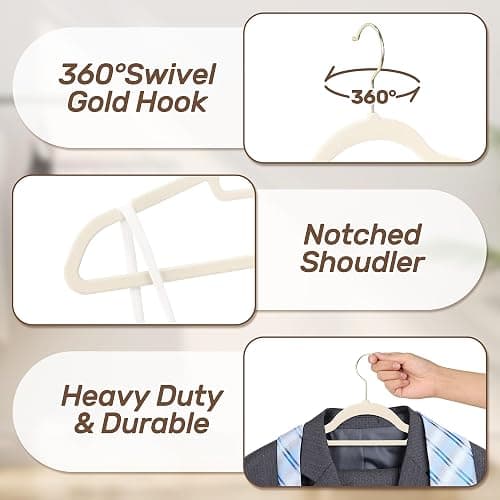 Sishynio Premium Velvet Hangers 30 Pack with Gold Hooks, Non-Slip, Space Saving Felt Clothes Hangers, Sturdy Slim Flocked Hanger for Dresses, Coats, Tie and Pants(Beige) thumbnail 3