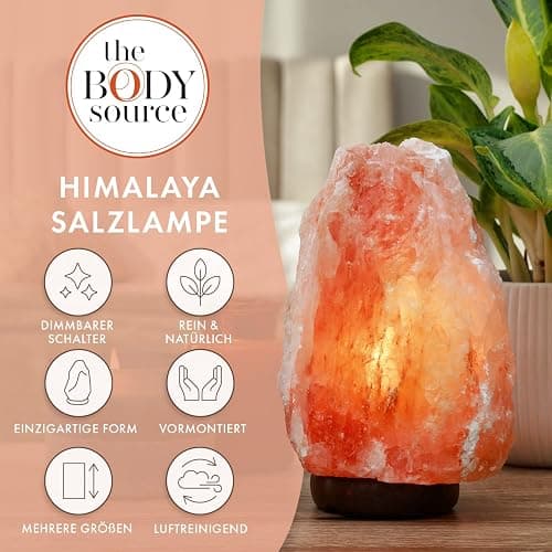 The Body Source Himalaya Salzlampe (2-3 kg) mit Dimmerschalterlicht aus der Salt Range Pakistan auf einem Holzständer - Nachtlicht inkl. 1x 10W Glühbirnen und Geschenkbox thumbnail 2