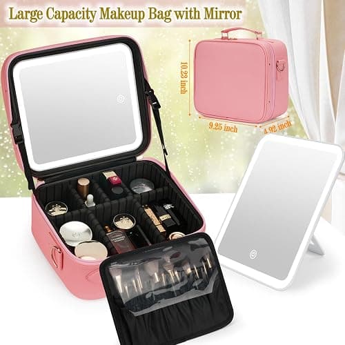 Travel Makeup Bag with Light Up Mirror,Makeup Travel Case with adjustable dividers,Waterproof Makeup Train Case,lighted Makeup Case with Detachable Mirror thumbnail 2