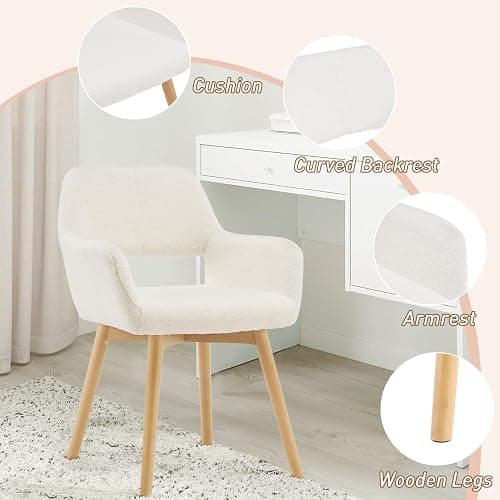 YEEFY Desk Chair No Wheels Vanity Chair Makeup Chair Comfy Accent Chair for Living Dining Room Bedroom Home Office Mid Century Modern Upholstered Armchair Sofa with Wood Legs (Wool White, 1) thumbnail 8