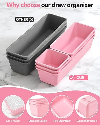 Canfanni 13 Pack Plastic Drawer Organizers Set, 3 Sizes Desk Drawer Organizer Trays for Vanity and Makeup Organizer, Organization and Storage for Makeup, Kitchen Utensils, Bathroom and Office(Pink) thumbnail 4