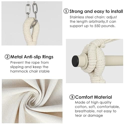 Y- STOP Hammock Chair Hanging Rope Swing, Max 500 Lbs, 2 Cushions Included, Large Macrame Hanging Chair with Pocket for Superior Comfort, with Hardware Kit (Beige) thumbnail 5