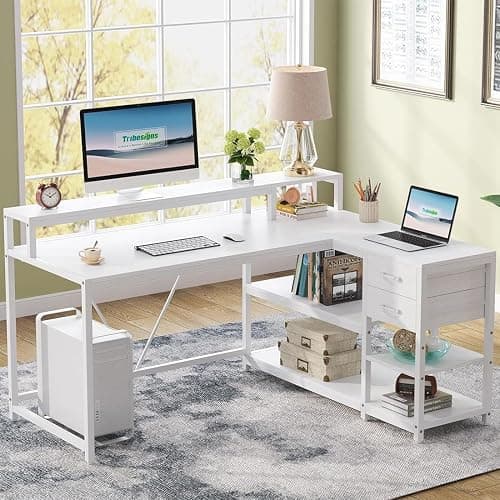Tribesigns 55-inches Reversible L Shaped Desk with Drawer, Modern White L Corner Desk Home Office Table with Storage Shelves and Monitor Stand, Wooden and Metal PC Desk for Small Space - Image 1