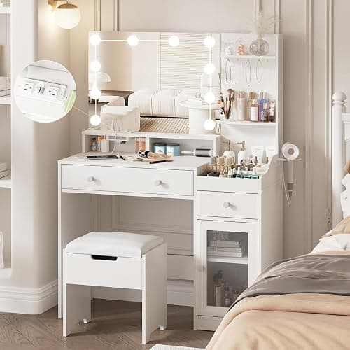 Vabches Vanity with Mirror and Lights, Makeup Vanity Table with Charging Station, Cute Vanity Set with Comfortable Bench, Dressing Table with 3 Storage Compartments, 39.8inch, White - Image 1