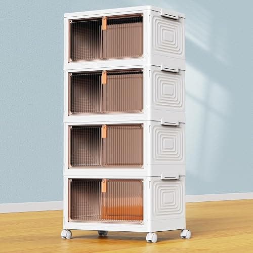 YFXCVSL 4 Tier Plastic Storage Bins with Lid 23QT, Stackable Storage Containers with Wheels, Folding Storage Boxes, Stackable Storage Bins, Organizers and Storage for Living Room,Office,Dorm - Image 1