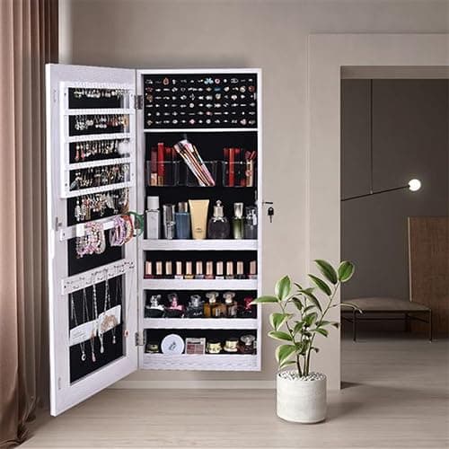 NALLBEIRRAA Mirror Jewelry Cabinet Armoire, Lockable Wall/Door Mounted Hanging Jewelry Cabinet Storage Organizer with Full Length Mirror, Larger Capacity, Dressing Mirror (White) … thumbnail 2
