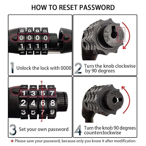 Revelook 4 Digit 3 Feet Long Bike Lock Cable Combination, Resettable Anti Theft Bicycle Lock for Electric Scooter thumbnail 6