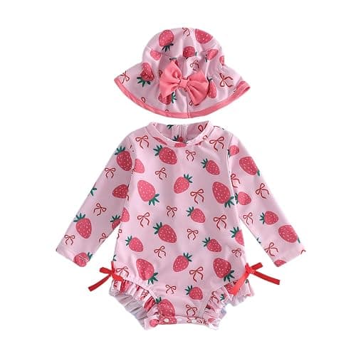 fhutpw Baby Girl Swimsuit One Piece Fruit Printed Long Sleeve Rash Guard with Hat Infant Toddler Beach Bathing Suit - Image 1
