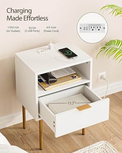 AEPOALUA Nightstand with Charging Station,Morden Bedside Table with Gold Frame,Small White Night Stand,End Table,Bedside Furniture,Side Table with Drawer and Shelf for Bedroom,Living Room thumbnail 3