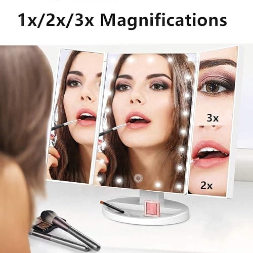 Flymiro Tri-fold Lighted Vanity Makeup Mirror with 3x/2x Magnification,21 LEDs Light and Touch Screen,180 Degree Free Rotation Countertop Cosmetic Mirror,Travel (White) thumbnail 7