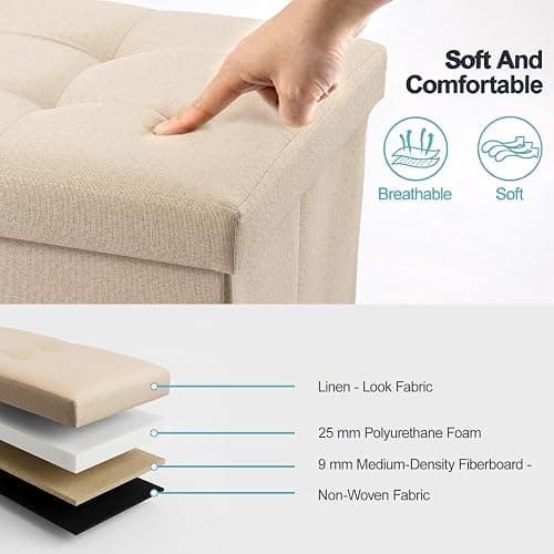 CROWNSHOP 1PC Storage Ottoman Bench Folding Footstool with Lid Beige | Folding Storage Ottoman Bench – Space-saving design with hidden storage, ideal for living room, bedroom hallway organisation thumbnail 3