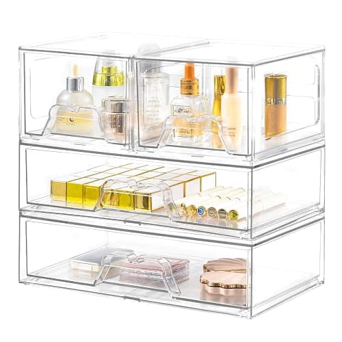 Stebopum 4 Pack Stackable Storage Drawers Clear Acrylic Organizer Bathroom Makeup Organizer and Storage for Beauty Supplies,Ideal for Vanity, Bathroom,Cabinet,Pantry Organization - Image 1