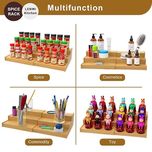 Lenwi Spice Rack Organizer for Cabinet, 3 Tier Expandable Bamboo Spice Storage, Great for Kitchen Cabinet, Cupboard,Pantry and More thumbnail 4