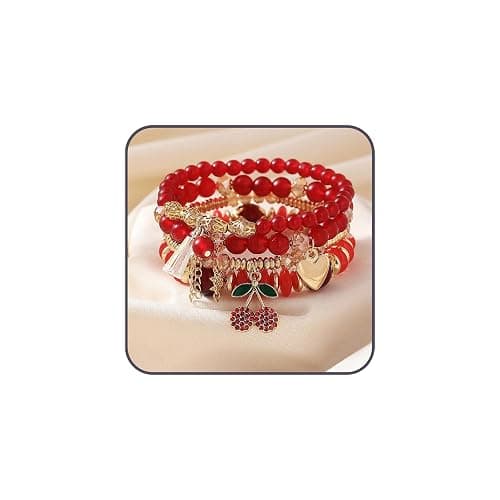 JWIGP 4Pcs Cherry Bracelet Set for Women, Red Beaded Pendant Stretch Layered Gold Plated Crystal Charm Bracelets Jewelry Stackable Boho Christmas Accessories Gift - Image 1