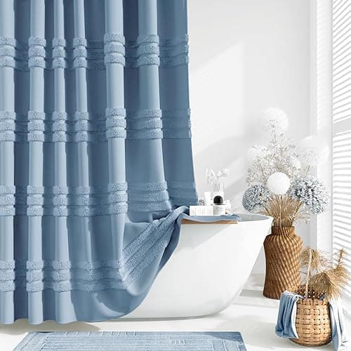 Dynamene Moonlight Blue Fabric Shower Curtain, Tufted Chenille Striped Cloth Shower Curtain for Bathroom, Modern Farmhouse Shabby Chic Waterproof Shower Curtain Set with Hook, Machine Washable, 72x72 - Moonlight Blue - 72"W x 72"L (Pack of 1)
