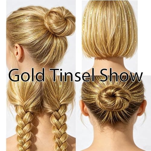 Celinebella Metallic Gold Hair Tinsel, 5 Bundles Full 48 Inch Length, Premium Soft Smooth Strands Heat Resistant for Casual Office Party Styling thumbnail 2