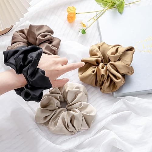 Lolalet Big Satin Scrunchies for Women, 5.9 Inch Large Oversized Scrunchie, Soft Jumbo/Giant Scrunchies Hair Ties for Thick & Curly Hair -4 Pack, Almond/Khaki/Black/Brown thumbnail 6