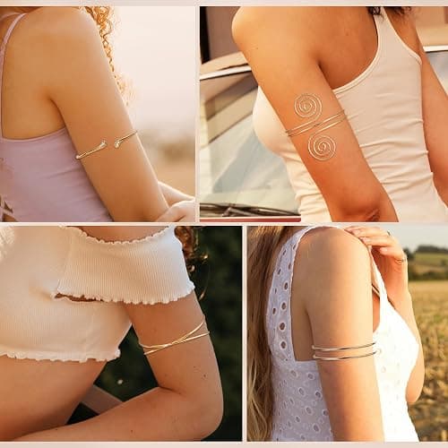 Masedy 6PCS Gold Arm Cuff Bracelets for Women Upper Armband Open Adjustable Wrist Arm Bangle Bracelets Set Minimalist Thin Stack Coil Swirl Trendy Armlet Jewelry thumbnail 4