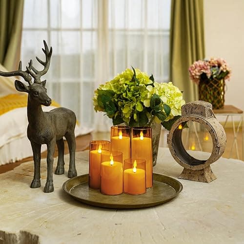 Homemory Amber Flickering Flameless Candles, Battery Operated Acrylic LED Pillar Candles with Remote Control and Timer, Fall Candles, Set of 5 thumbnail 5