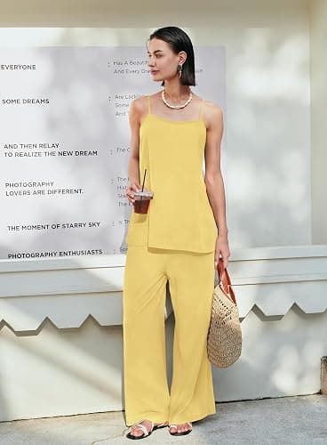 Yanekop Linen Sets for Women 2 Piece Pants Summer Outfits Matching Lounge Sets Spaghetti Strap Tank Top Pants Sets thumbnail 7