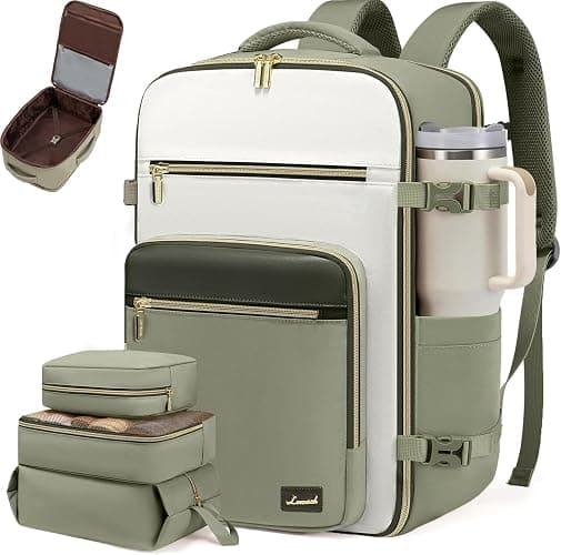 LOVEVOOK Travel Backpack For Women,40L Carry On Backpack Flight Approved,TSA Personal Item Travel Bag Fits 17 Inch Laptop,Business Weekender Overnight Daypack with Back Pad and Chest Buckle,Cubes - Green and White - 17.3 Inch-40L-4Pcs - Image 1