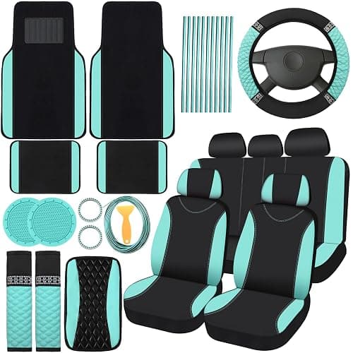 BBTO 43 Pcs Bling Car Accessories Set for Women Front Seats and Rear Bench Polyester Car Seat Protectors Wheel Cover Seat Floor Mats Full Crystal Automotive Interior Decor(Mint Green) - Image 1