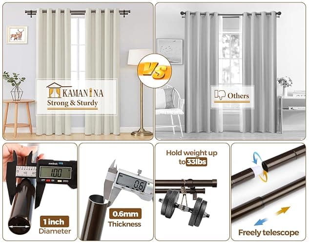 KAMANINA 1" Double Curtain Rods 66-120 Inch, Heavy Duty Dual Rods, Bronze | Adjustable Curtain Rods for Windows, Long Drapery Rods, Easy to Install, No Sagging, with End Caps, for Bedroom, Living Room thumbnail 7
