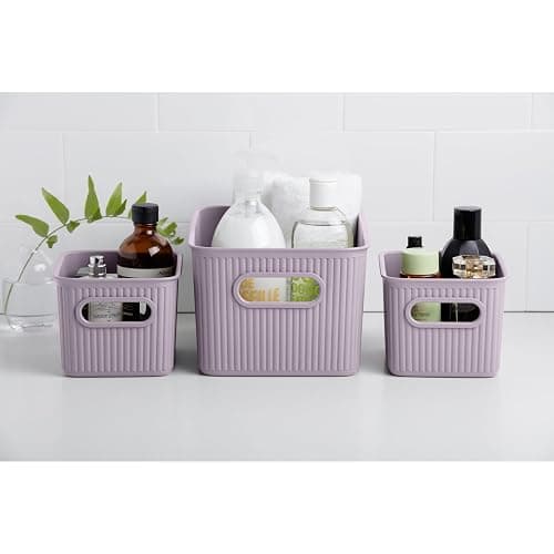Decorative Plastic Basket Lidded Home Storage Bins Organizer, Medium Lilac Purple (1 Pack - 5 Liter) Stackable Container Box, for Organizing Closet Storage Bins for Shelves - Ribbed Collection thumbnail 9