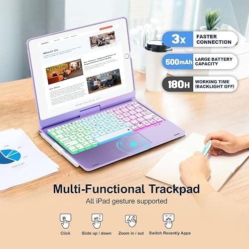 Baisla iPad 9th Generation Case with Keyboard 10.2" (2021), 360° Rotatable with Trackpad & Rainbow Backlit, iPad Keyboard case for 9th/8th/7th, iPad Air 3, iPad Pro 10.5 (Metallic Purple) thumbnail 5