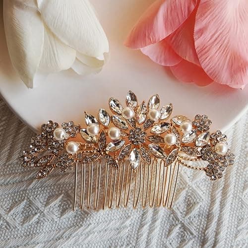 Hapibuy Crystal Wedding Hair Comb Bridal Hair Comb with Pearl Wedding Headpiece for party wear Golden Hair Accessory thumbnail 6