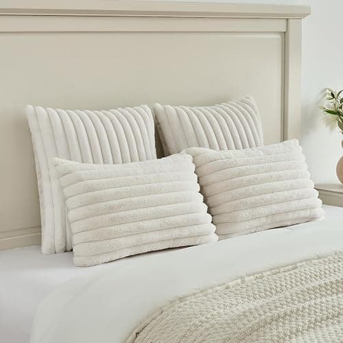 FUTEI Cream White Striped Decorative Throw Pillow Covers 18x18 Inch Set of 2,Square Spring Decorations Couch Pillow Case,Soft Cozy Faux Rabbit Fur & Velvet Back,Modern Home Decor for Bed thumbnail 6