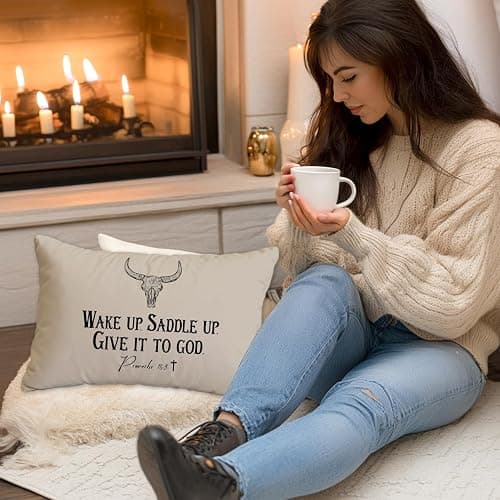Welshower Rustic Western Christian Brown Pillow Covers 12x20, Christian Room Decor, Proverbs 16:3 Bible Verse Cow Skull Decorative Lumbar Pillow Covers for Couch Sofa Bedroom Living Room Home thumbnail 7