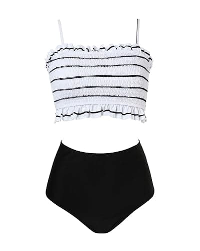 RXRXCOCO Womens Shirred Bandeau Bikini Cute Two Piece Swimsuit Off Shoulder High Waist Bathing Suit thumbnail 3