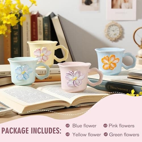 LGQ Cute Floral Coffee Mug Set of 4-12oz Ceramic Flower Embossed Cups with Petal Handles, Dishwasher and Microwave Safe thumbnail 4