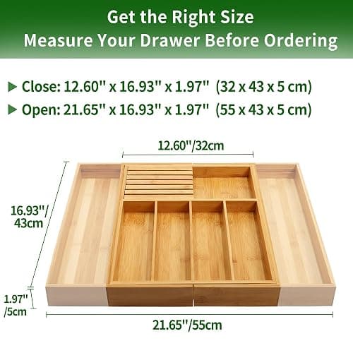VaeFae Bamboo Silverware Drawer Organizer Kitchen, Expandable Utensil Organizer with Knife Block, Cutlery Tray with Divider, Multifunctional Drawer Organizer thumbnail 2