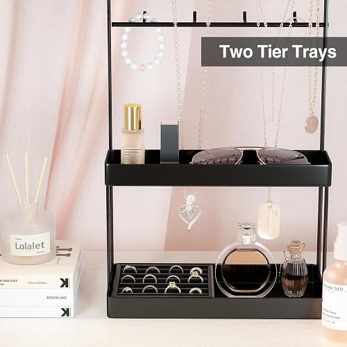 Lolalet 4-Tier Jewelry Organizer, Cute Necklace Holder Stand with 12 Hooks for Teen Girl Aesthetic Room Bedroom Decor -Black thumbnail 7