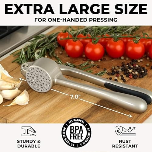 Zulay Kitchen Large Premium Garlic Press Set - Bigger Bowl for Bigger Garlic - Rust Proof & Dishwasher Safe Garlic Mincer Tool - Easy-Squeeze, Easy-Clean Silicone Garlic Peeler & Brush (Silver) thumbnail 2