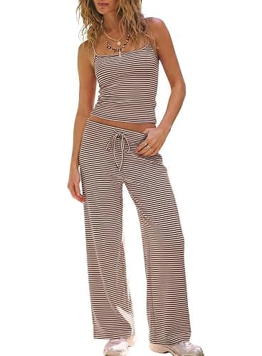 Darong Women's 2 Piece Matching Lounge Set Striped Sleeveless Top Wide Leg Pants 2026 Travel Clothing Sets - Image 1