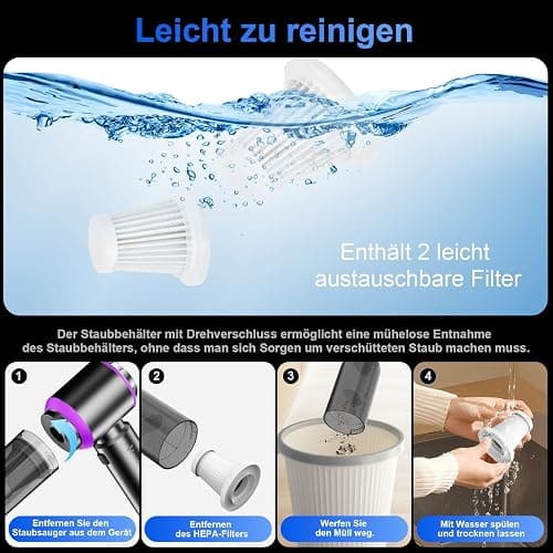 Handstaubsauger, 20000Pa Mini Akku Staubsauger Kabellos 4-In-1 Autostaubsauger 6000mAh 3-Gang Elektrische Staubgebläse für Auto, Küche, Büro, Haus, Camping, Tierhaare, Sofa, Tastaturen(Silber-Violett) - Silber-violett thumbnail 6