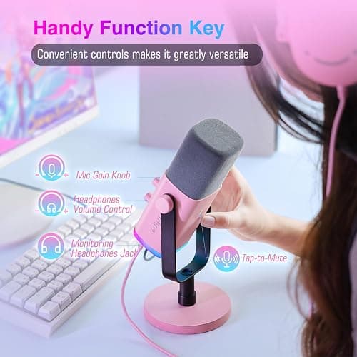 FIFINE XLR/USB Microphone, Gaming Recording PC Microphone with Headphones Jack, Mute Button, Dynamic RGB Mic for Computer, Streaming Mic for Podcasting Voice-Over YouTube Video-AmpliGame AM8 Pink thumbnail 5